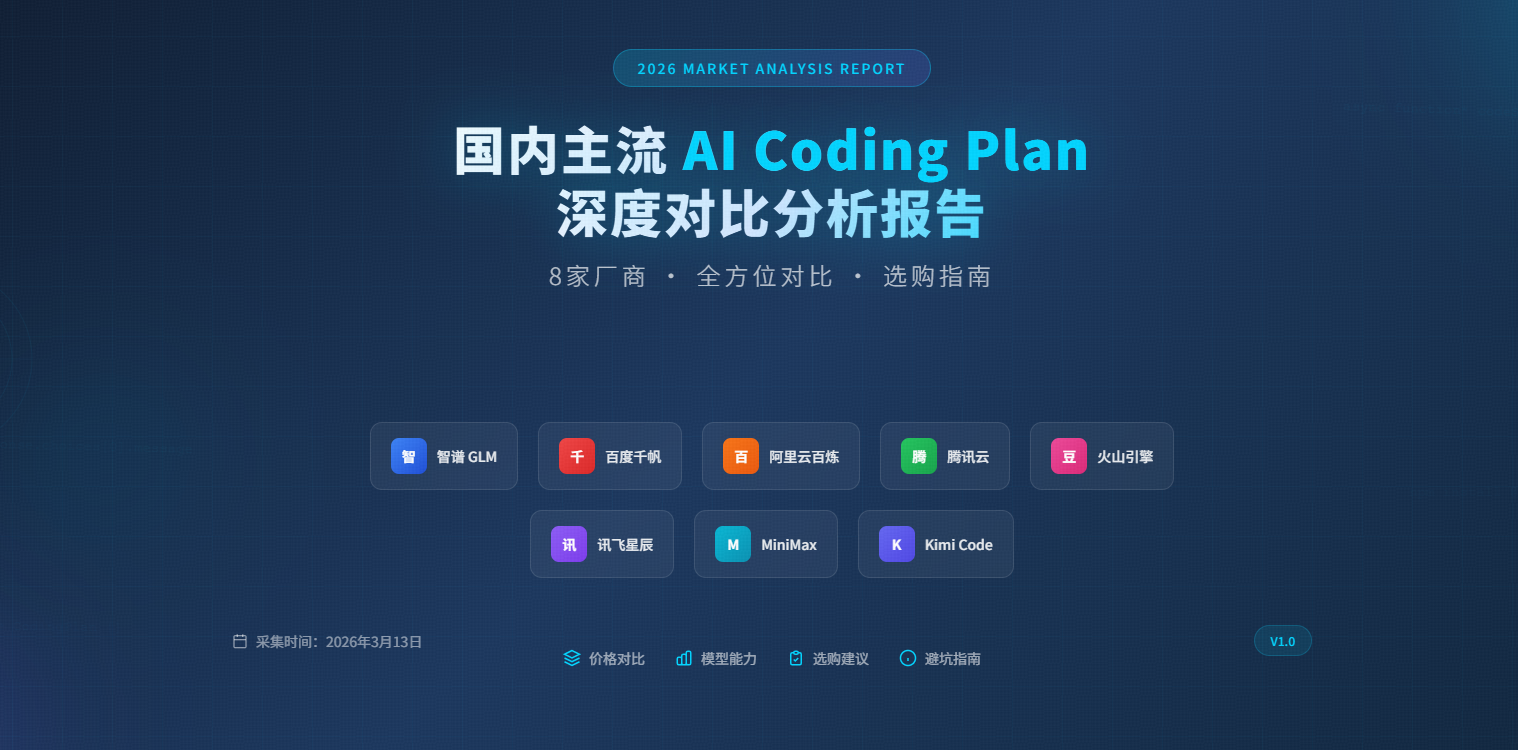 2026年3月13日国内8家主流 AI Coding Plan 深度对比分析报告